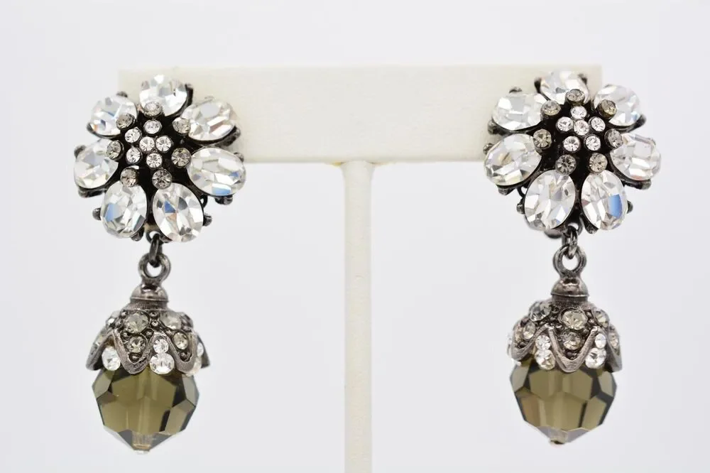 Barrera Vintage Crystal Clip On Earrings Rhinestone Gunmetal Signed 1980s BinAO